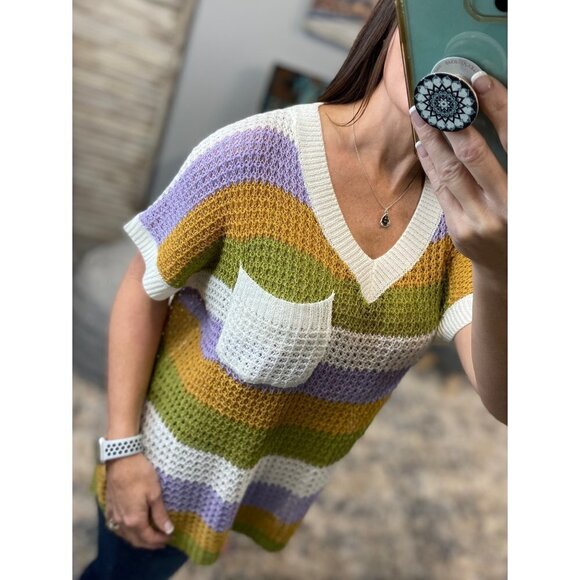 🎭Mardi Gras Deep V Neck Loose Striped Sweater Shirt Purple Green & Gold 5021 - Picture 3 of 8
